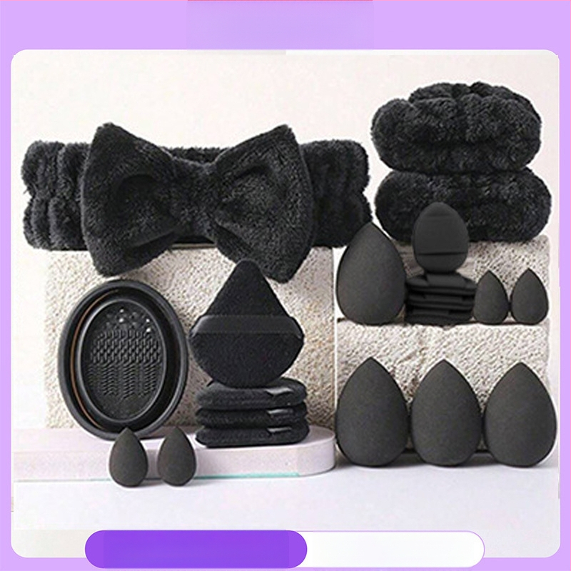 Tarpvalstybinis populiarus makiažo kempinių rinkinys su valymo dubeniu, 20 dalių rinkinys, 33 dalių rinkinys, trikampis nykščio kempinėlis, makiažo kempinė, kosmetinė kempinė