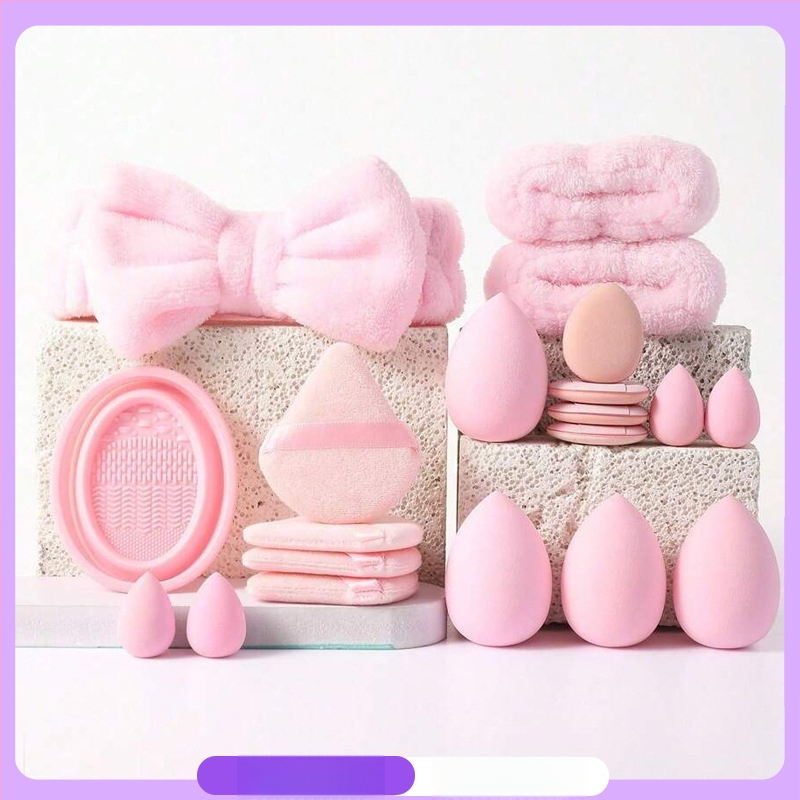 Tarpvalstybinis populiarus makiažo kempinių rinkinys su valymo dubeniu, 20 dalių rinkinys, 33 dalių rinkinys, trikampis nykščio kempinėlis, makiažo kempinė, kosmetinė kempinė