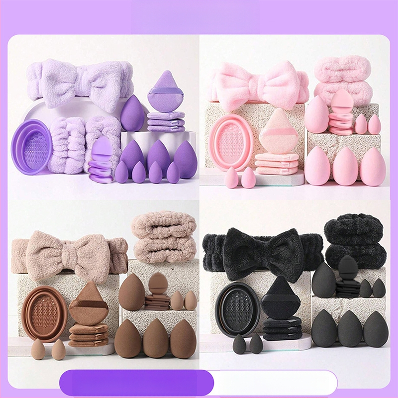 Tarpvalstybinis populiarus makiažo kempinių rinkinys su valymo dubeniu, 20 dalių rinkinys, 33 dalių rinkinys, trikampis nykščio kempinėlis, makiažo kempinė, kosmetinė kempinė