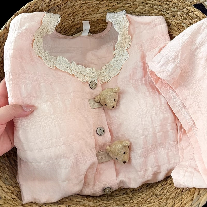 Pijamale japoneze cu ursuleți pentru femei, vara 2025, cu pernă de piept, mânecă scurtă integrată, dulci și drăguțe, potrivite pentru purtare în aer liber, set de îmbrăcăminte pentru casă