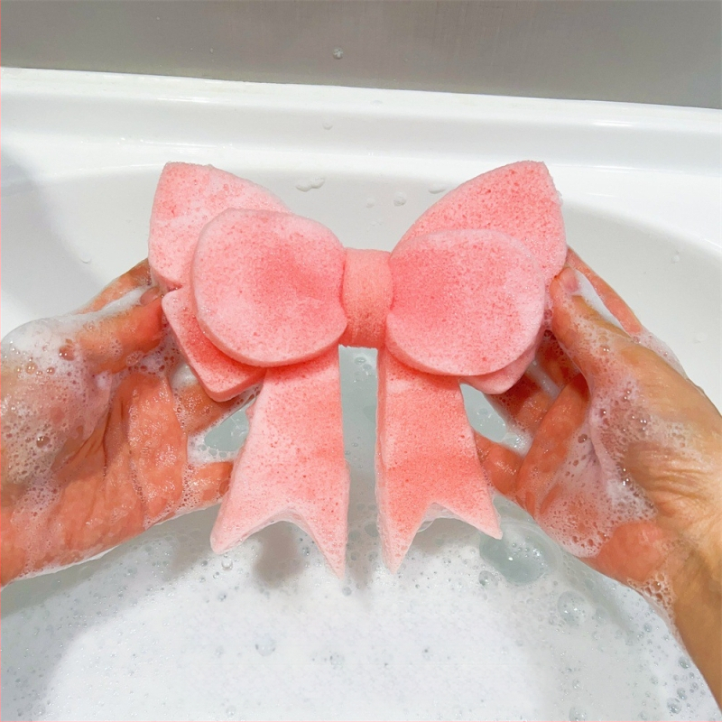 Розова топка за вана с панделка, разтриваща се, пяна за вана, мека сладка топка за вана с форма на сърце за момиче