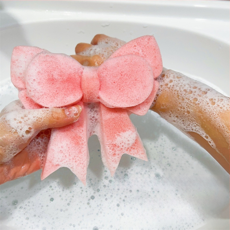 Розова топка за вана с панделка, разтриваща се, пяна за вана, мека сладка топка за вана с форма на сърце за момиче