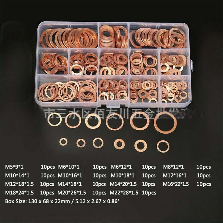 150 vnt. varinių tarpiklių rinkinys dėžutėje su varine tarpine, varinė plokščia poveržlė M5-M22