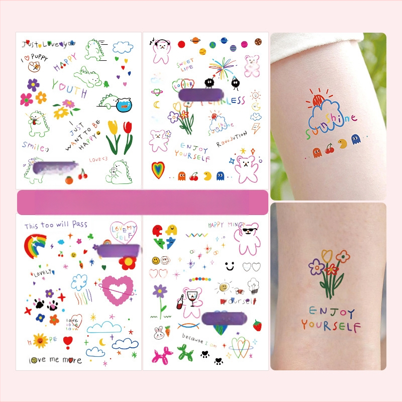 Maza, svaigas krāsas tetovējuma uzlīme stilā ar mazu rakstu, multfilmas pirkstu, uzacu burtu, ziedu, jauka tetovējuma uzlīme