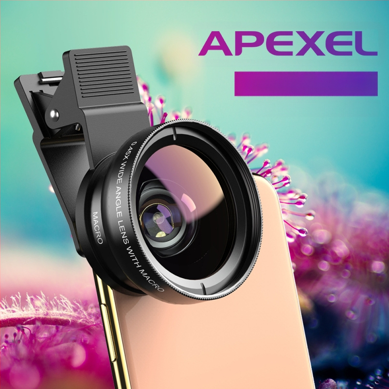 „Apexel“ mobiliojo telefono išorinis objektyvas, 0,45 karto plataus kampo, 12,5 karto makro, du viename, didelės raiškos asmenukių objektyvas, platus kampas, didelės raiškos.