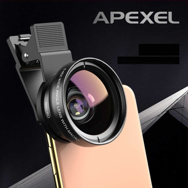 „Apexel“ mobiliojo telefono išorinis objektyvas, 0,45 karto plataus kampo, 12,5 karto makro, du viename, didelės raiškos asmenukių objektyvas, platus kampas, didelės raiškos.