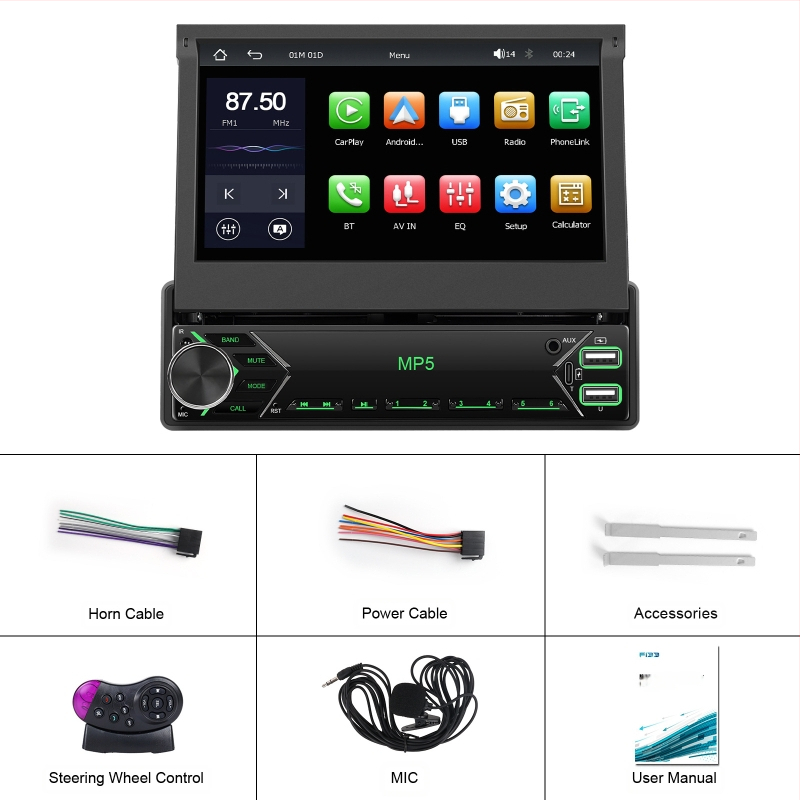 7 collu horizontāls ekrāns ar vadu CarPlay/teleskopisku ekrānu, universāls MP5 atskaņotājs, atpakaļgaitas automašīnas centrālās vadības integrēta iekārta