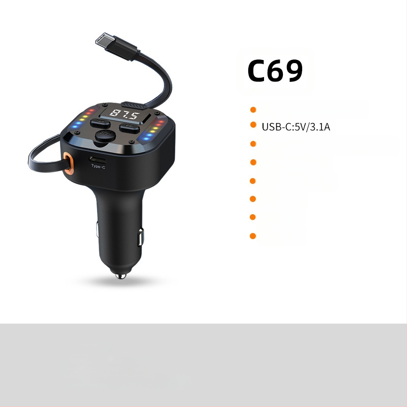 C69 jauns 30Wpd ātras uzlādes divu vienā ievelkams kabelis automašīnas Bluetooth atskaņotājam USB cigarešu šķiltavas FM raidītājam