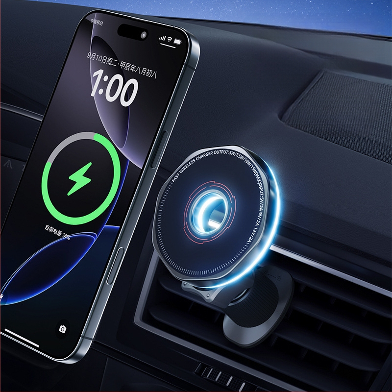 Naujas tarpvalstybinis belaidis automobilio įkrovimas mobiliojo telefono laikiklis su oro išleidimo anga, magnetinis „Magsafe“ universalus 360 laipsnių sukimasis.