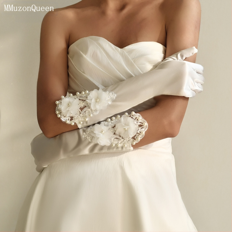 „Manzhen Bride“ vestuvinės pirštinės, vestuvinės nėriniuotos gėlės, atlasinės trumpos pirštinės, balti aksesuarai MM09