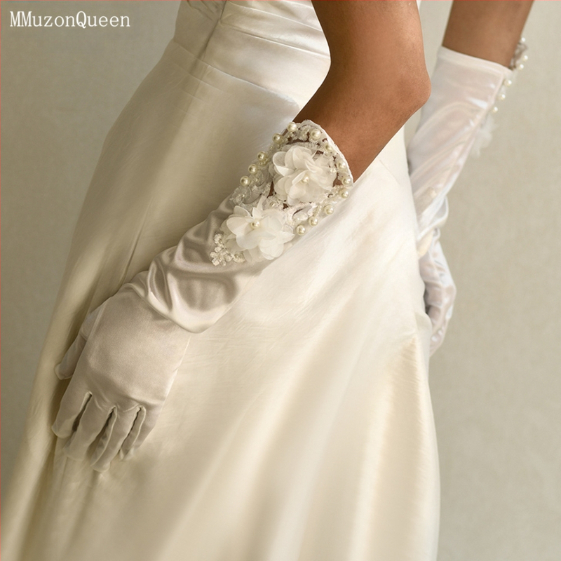 „Manzhen Bride“ vestuvinės pirštinės, vestuvinės nėriniuotos gėlės, atlasinės trumpos pirštinės, balti aksesuarai MM09