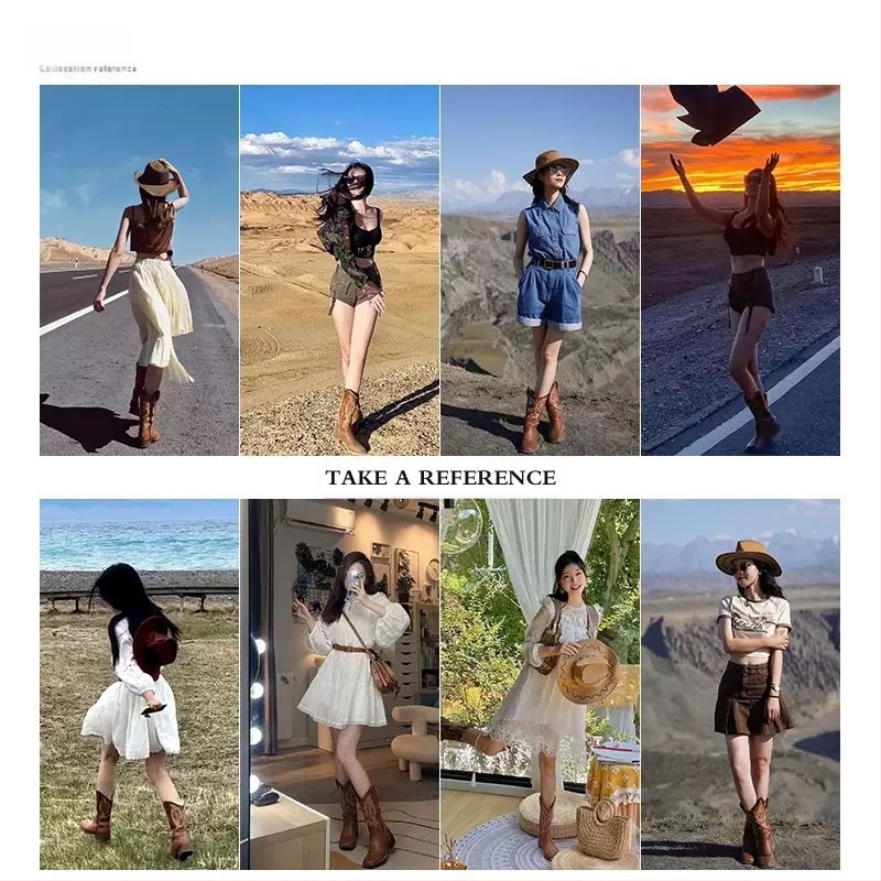 Siuvinėti vakarietiški kaubojiški moteriški batai, 2025 m. Nauji etninio stiliaus riterių batai, retro stiliaus ilgi batai, rudi universalūs Martino batai