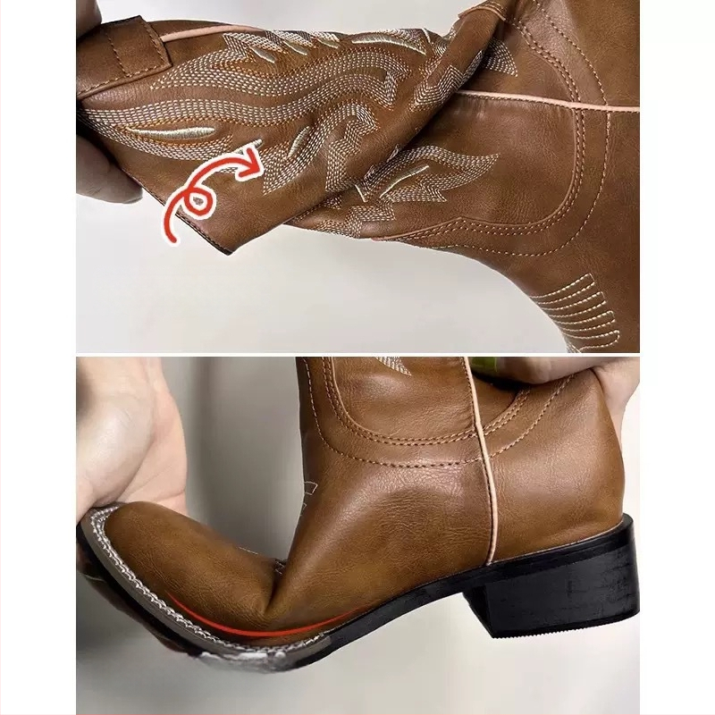Siuvinėti vakarietiški kaubojiški moteriški batai, 2025 m. Nauji etninio stiliaus riterių batai, retro stiliaus ilgi batai, rudi universalūs Martino batai