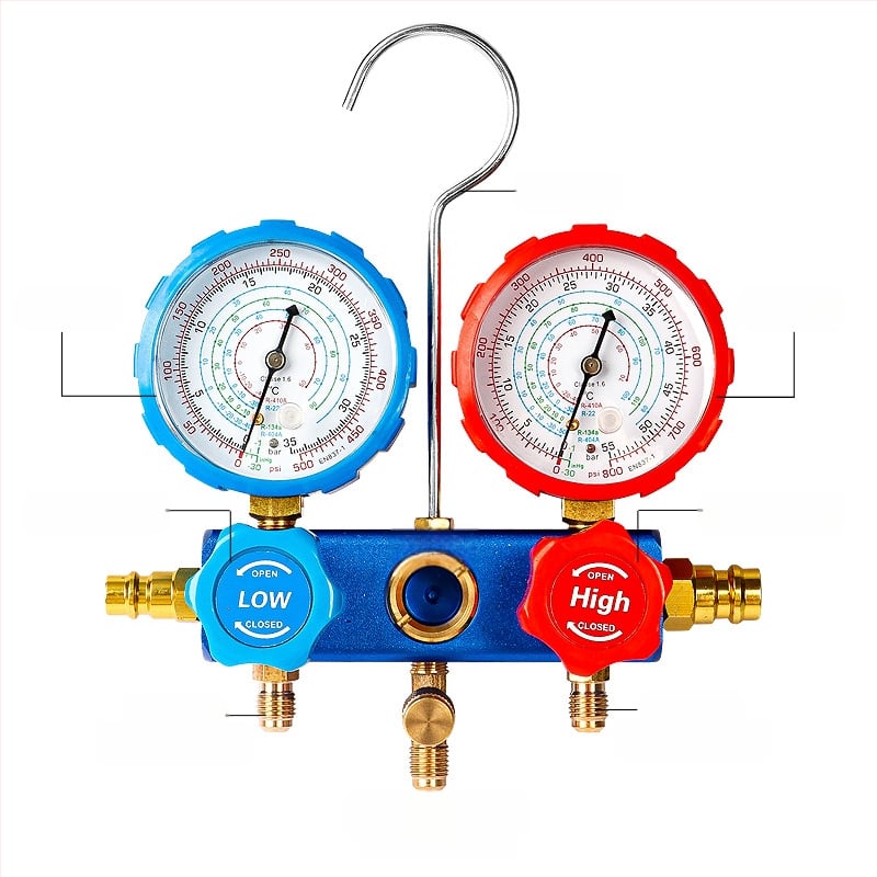 Флуометър за хладилен агент за автомобилен климатик, двоен измервателен уред, отварачка за бутилки с фреонова тръба за високо и ниско налягане, бърз меден конектор