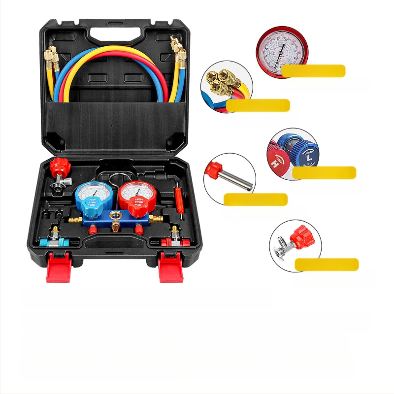 Флуометър за хладилен агент за автомобилен климатик, двоен измервателен уред, отварачка за бутилки с фреонова тръба за високо и ниско налягане, бърз меден конектор