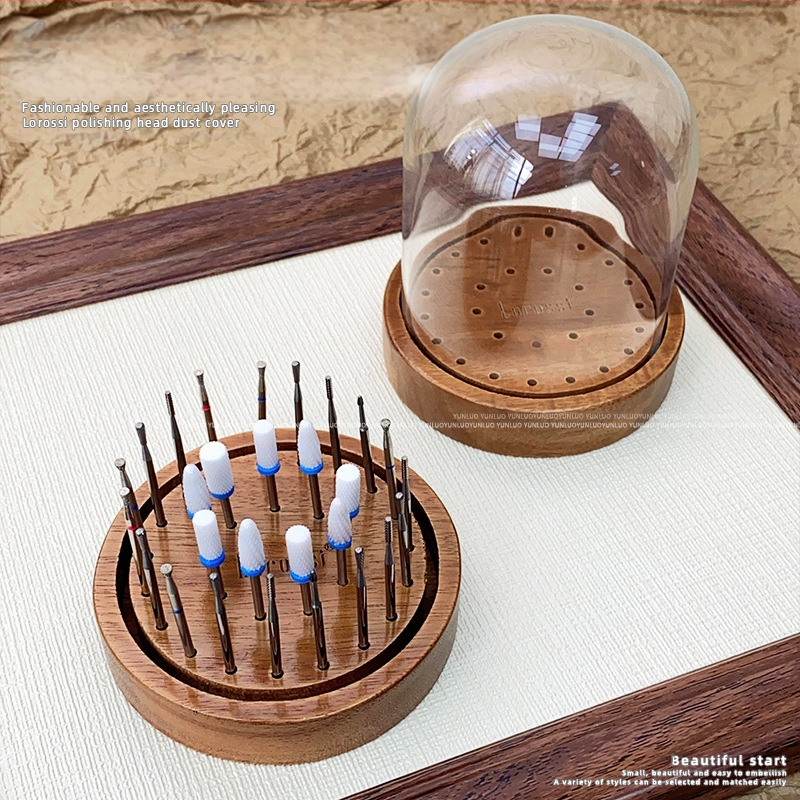 Nagų dailės vintažinio riešuto spalvos šlifavimo galvutės laikymo dėžutės plokštelė, porėta, pažangi laikymo lentyna, ekrano pagrindas