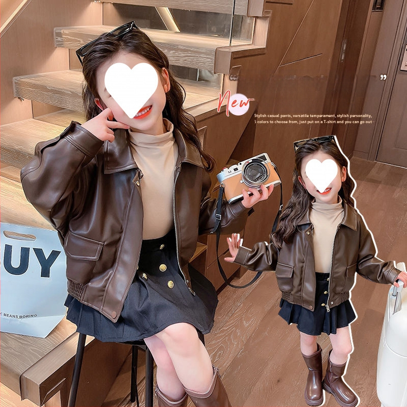 Djevojački kaput Proljeće i jesen 2024. Novi dječji zapadnjački stil Jesenski ležerni top Dječja moderna jesenska kratka kožna odjeća