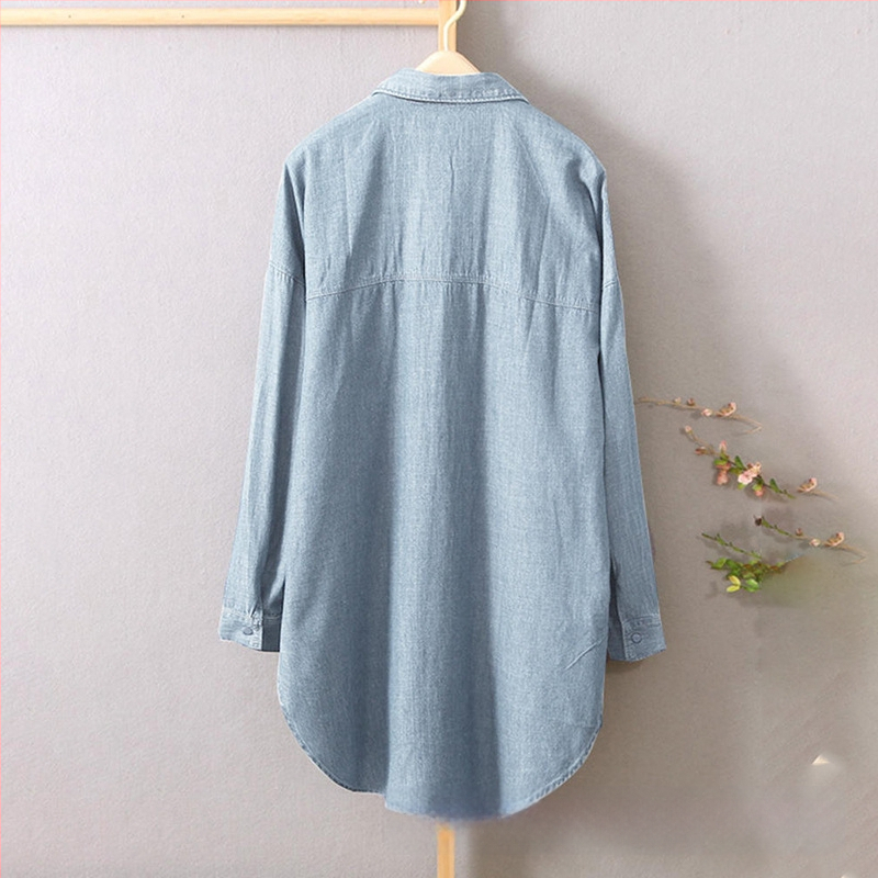 Sügis 2022 uus üherealine sinine elegantne pendelrätik pikkade varrukatega kardigan teksariidest pikkade varrukatega ühevärviline puuvillane revääriga särk