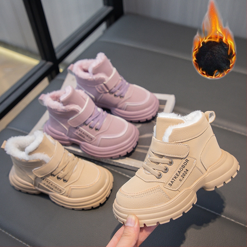 Bērnu ar vilnas oderi sabiezināti kokvilnas sniega zābaki 2024. gada ziemas jauni zēnu un meiteņu silti Martina zābaki, virsdrēbju kokvilnas apavi