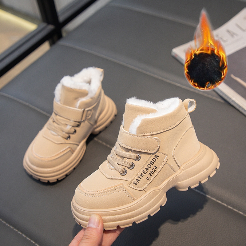 Bērnu ar vilnas oderi sabiezināti kokvilnas sniega zābaki 2024. gada ziemas jauni zēnu un meiteņu silti Martina zābaki, virsdrēbju kokvilnas apavi