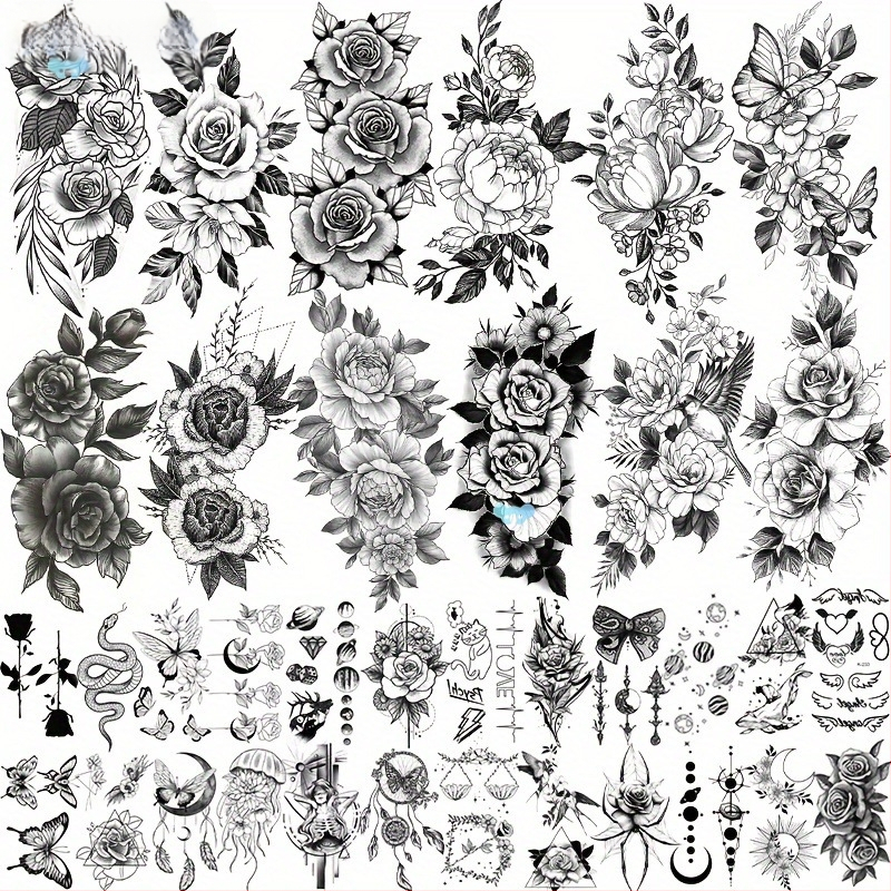 36 gab. pagaidu tetovējumu uzlīmes, reālistiski melni dizaini, pārrobežu