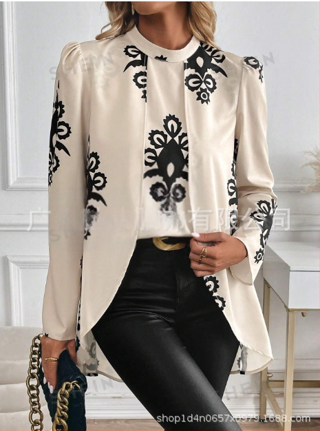 2025 Ново трансгранично износно европейско и американско облекло Пролетно-есенно най-продавано риза с дълъг ръкав и щампа с яка, ежедневни топове