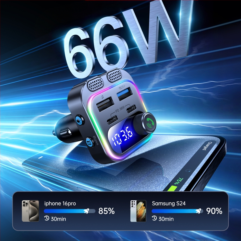 Jauns automašīnas Bluetooth FM atskaņotājs ar krāsainu atmosfēru, viegls automašīnas Bluetooth Mp3 atskaņotājs PD30W+QC18W