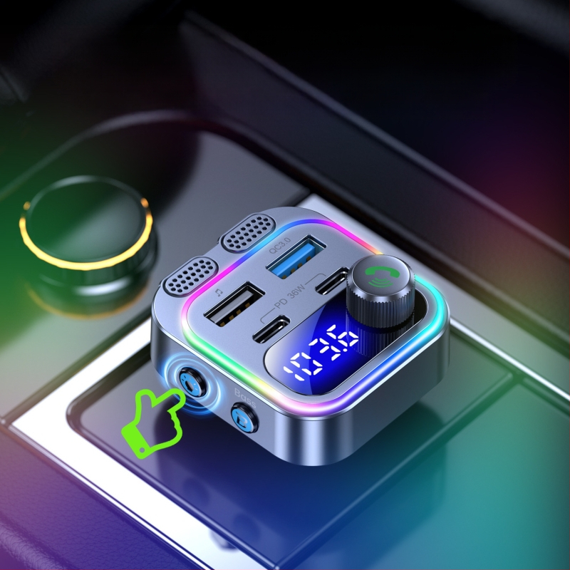 Jauns automašīnas Bluetooth FM atskaņotājs ar krāsainu atmosfēru, viegls automašīnas Bluetooth Mp3 atskaņotājs PD30W+QC18W