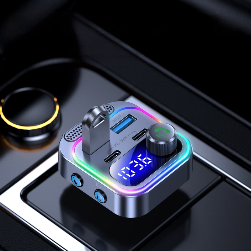 Jauns automašīnas Bluetooth FM atskaņotājs ar krāsainu atmosfēru, viegls automašīnas Bluetooth Mp3 atskaņotājs PD30W+QC18W