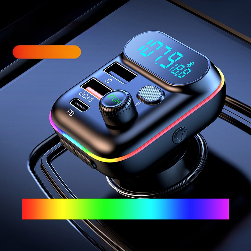 Auto Bluetooth MP3 atskaņotājs FM raidītājs PD 18W QC3.0 ātrās uzlādes lādētājs krāsainām gaismām