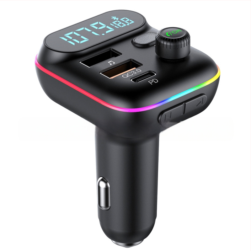 Auto Bluetooth MP3 atskaņotājs FM raidītājs PD 18W QC3.0 ātrās uzlādes lādētājs krāsainām gaismām