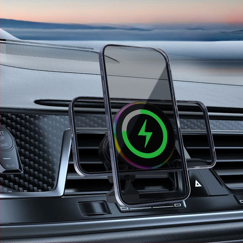 Jaunais bezvadu automašīnas lādētājs ar apaļām RGB gaismām, kas paredzētas Apple mobilo tālruņu bezvadu uzlādei ar Magsafe magnētisko sūkšanas funkciju.