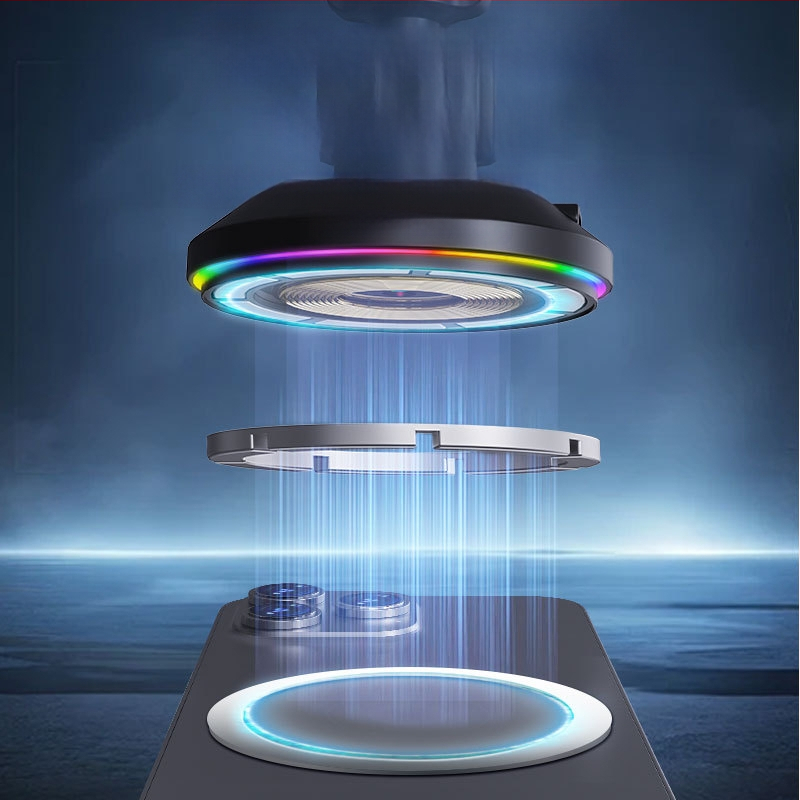 Jaunais bezvadu automašīnas lādētājs ar apaļām RGB gaismām, kas paredzētas Apple mobilo tālruņu bezvadu uzlādei ar Magsafe magnētisko sūkšanas funkciju.