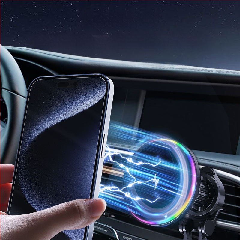 Jaunais bezvadu automašīnas lādētājs ar apaļām RGB gaismām, kas paredzētas Apple mobilo tālruņu bezvadu uzlādei ar Magsafe magnētisko sūkšanas funkciju.