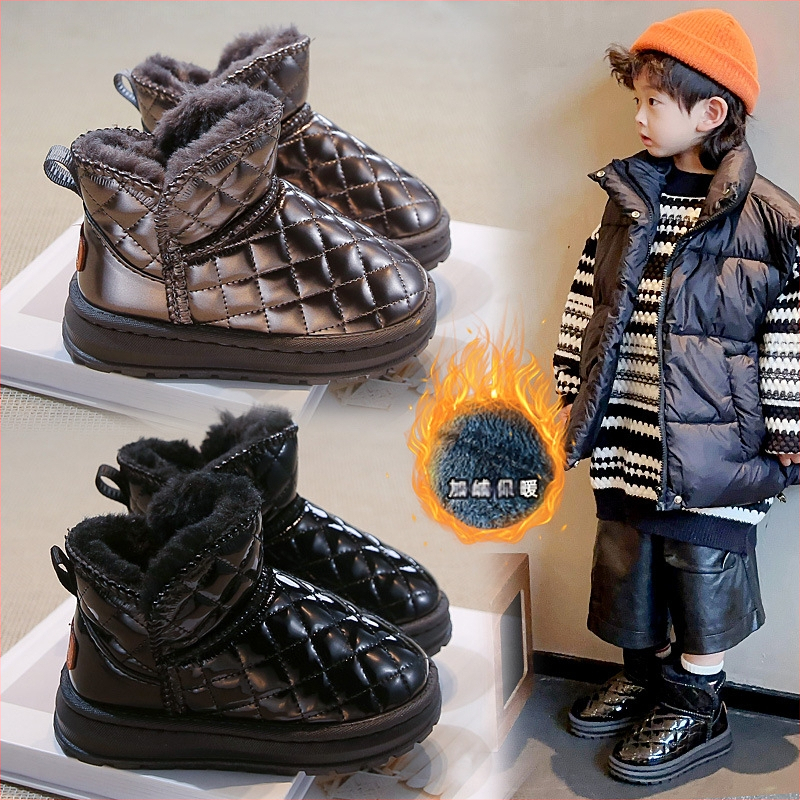 Bērnu sniega zābaki ziemas jauna stila uzvelkamie flīsa oderēti sabiezēti potīšu zābaki ādas ūdensnecaurlaidīgi ziemeļaustrumu lielie kokvilnas apavi zēniem un meitenēm