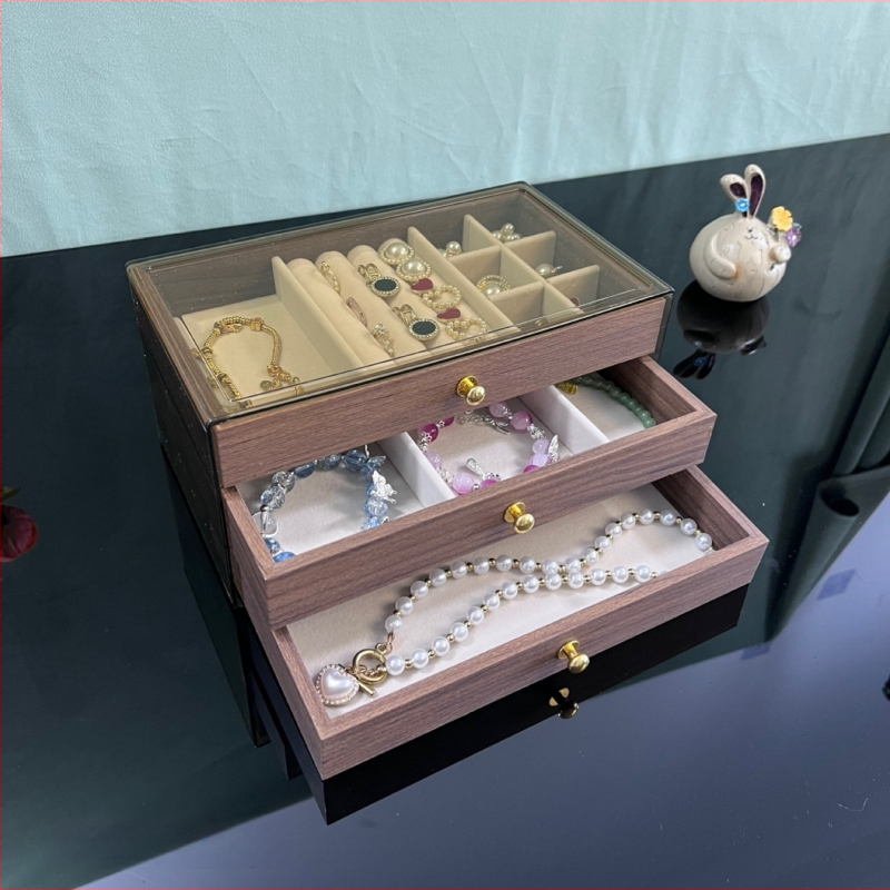 Riešutmedžio papuošalų dėžutė, stalinė, retro papuošalų laikymo dėžutė, daugiasluoksnė papuošalų dėžutė, auskarai, karoliai, papuošalų laikymo dėžutė