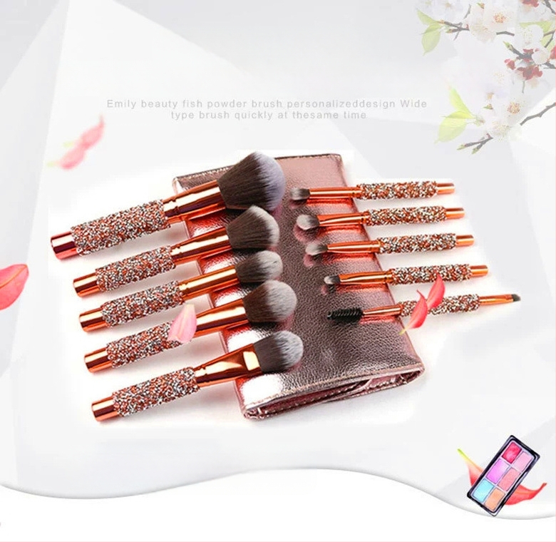 „Explosions HD10“ deimantais inkrustuotų makiažo šepetėlių rinkinys, „Pu bag spot“ kūrybingi birūs pudros akių šešėlių šepetėliai, grožio makiažo įrankiai užsienio prekybai