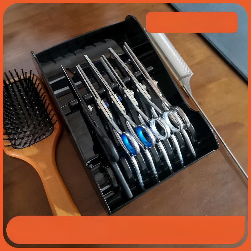 Kirpyklos žirklių dėžutė, kirpyklos laikymo lentynėlė, kirpyklos kirpėjas, specialus laikiklis, padėklas, kirpyklos įrankiai