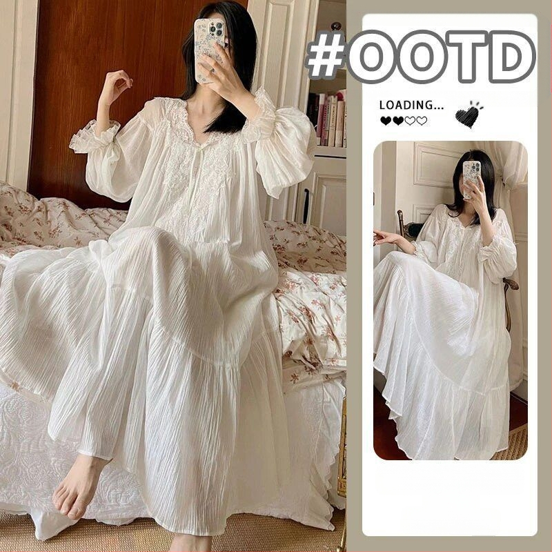 Super fėjos prancūziški naktinukai 2025 m. pavasario ir rudens moteriški ilgomis rankovėmis, nėriniuoti, seksualūs, gryno rūmų stiliaus moteriški pižamos. „Lazy Sense“.