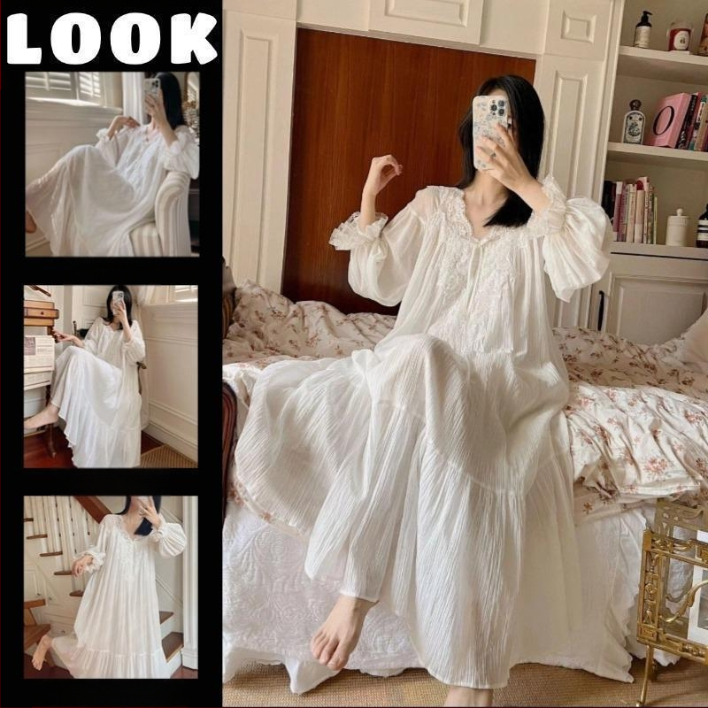 Super fėjos prancūziški naktinukai 2025 m. pavasario ir rudens moteriški ilgomis rankovėmis, nėriniuoti, seksualūs, gryno rūmų stiliaus moteriški pižamos. „Lazy Sense“.