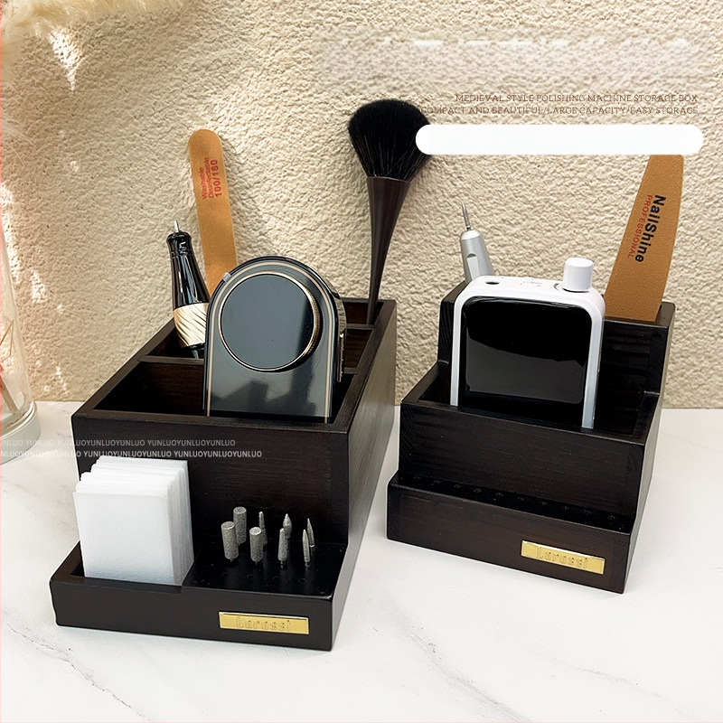 Antikvarinių šlifuoklių laikymo dėžutė, šlifavimo galvutė, teptukas, nagų lakas, guminė medvilnė, nagų dailės įrankiai, didelės talpos reikmenys