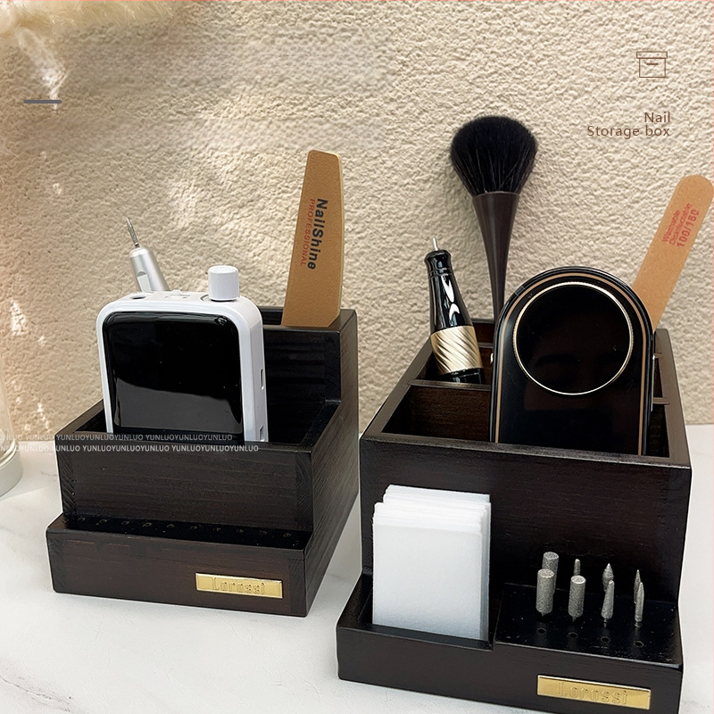 Antikvarinių šlifuoklių laikymo dėžutė, šlifavimo galvutė, teptukas, nagų lakas, guminė medvilnė, nagų dailės įrankiai, didelės talpos reikmenys