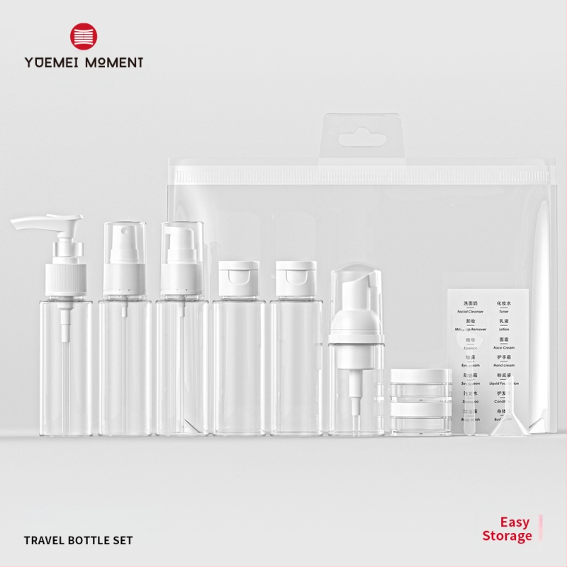 PET juodai baltas kelioninis nešiojamas buteliukas, šampūnas, kūno muilas, tonikas, emulsija, esencija, tuščias buteliukas