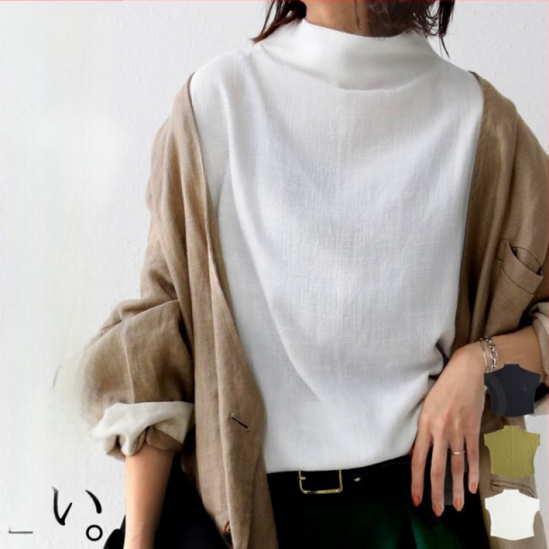 Piiriülene 2023. aasta Jaapani lahtine naiste poolkõrge kraega dolmani varrukatega top, ühevärviline puuvillane linane lahtine lühikeste varrukatega T-särk naistele