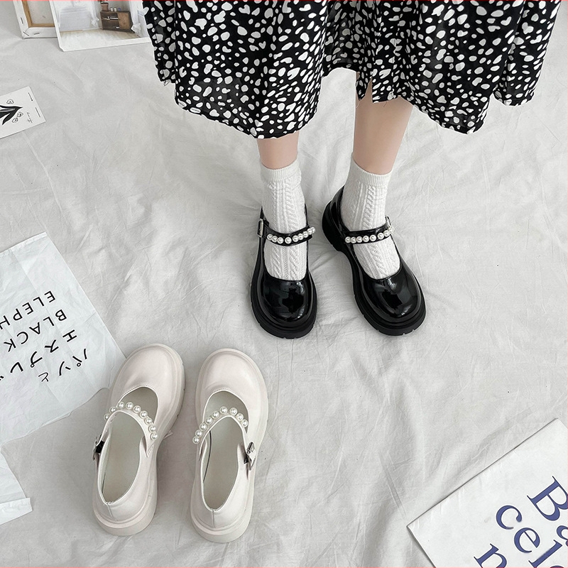 Prancūziško retro britiško stiliaus maži odiniai moteriški bateliai, 2025 m. pavasario naujo stiliaus, karoliukais puošti, fėjos formos, storapadžiai Mary Jane bateliai.