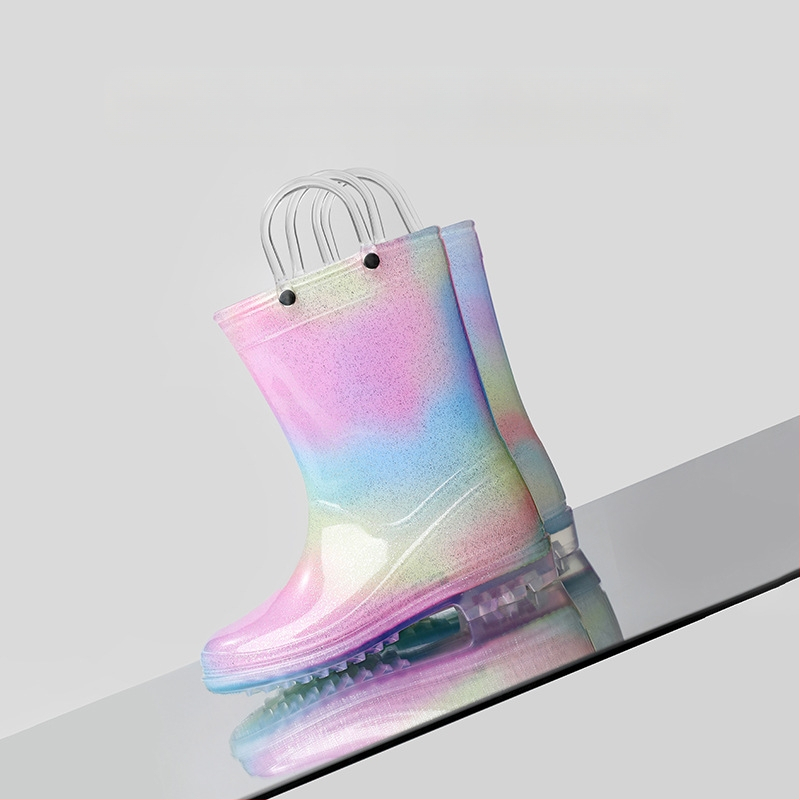 Bērnu lietus apavi Ins Foreign Trade Girls lietus zābaki Princess augstas kvalitātes varavīksnes caurspīdīgi viduscaurules neslīdoši ūdens apavi lieliem bērniem