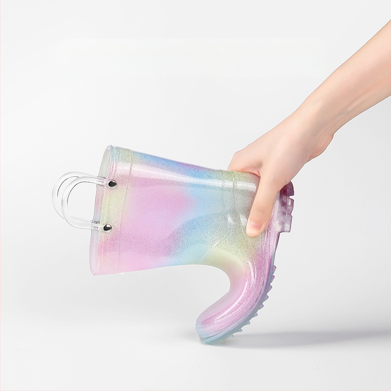 Bērnu lietus apavi Ins Foreign Trade Girls lietus zābaki Princess augstas kvalitātes varavīksnes caurspīdīgi viduscaurules neslīdoši ūdens apavi lieliem bērniem