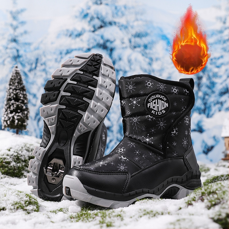 Bērnu sniega zābaki 2024. gada ziemas jauni silti ar vilnas oderi biezi kokvilnas zābaki meiteņu pretslīdes siksniņas tērauda spīles aukstumizturīgi kokvilnas apavi