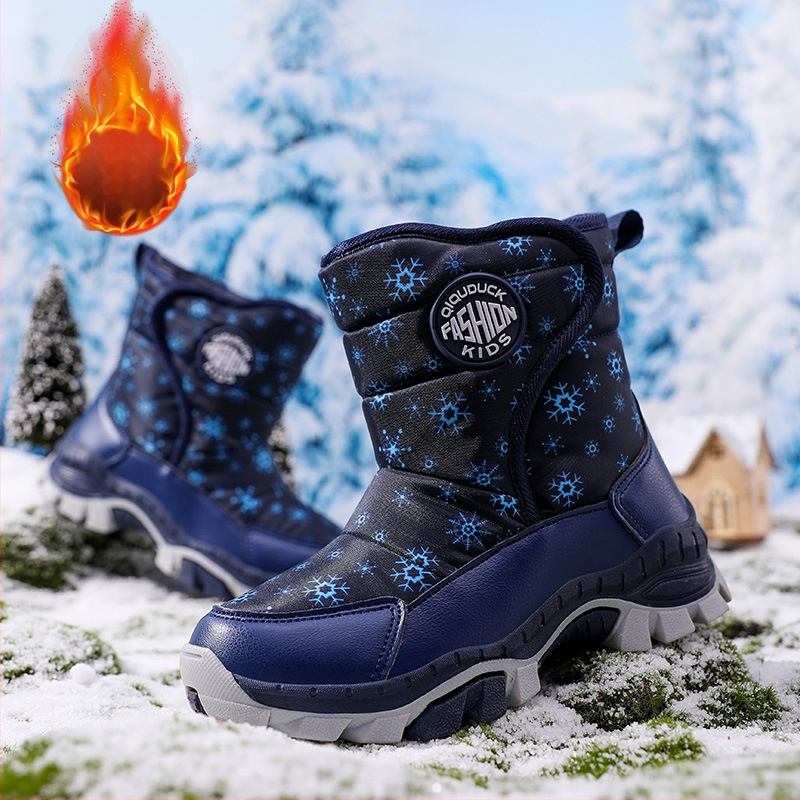 Bērnu sniega zābaki 2024. gada ziemas jauni silti ar vilnas oderi biezi kokvilnas zābaki meiteņu pretslīdes siksniņas tērauda spīles aukstumizturīgi kokvilnas apavi