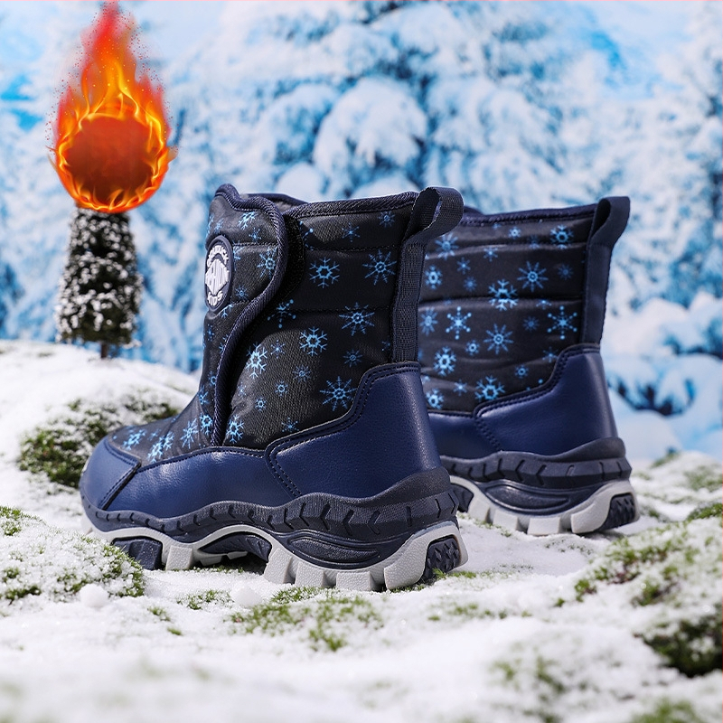 Bērnu sniega zābaki 2024. gada ziemas jauni silti ar vilnas oderi biezi kokvilnas zābaki meiteņu pretslīdes siksniņas tērauda spīles aukstumizturīgi kokvilnas apavi